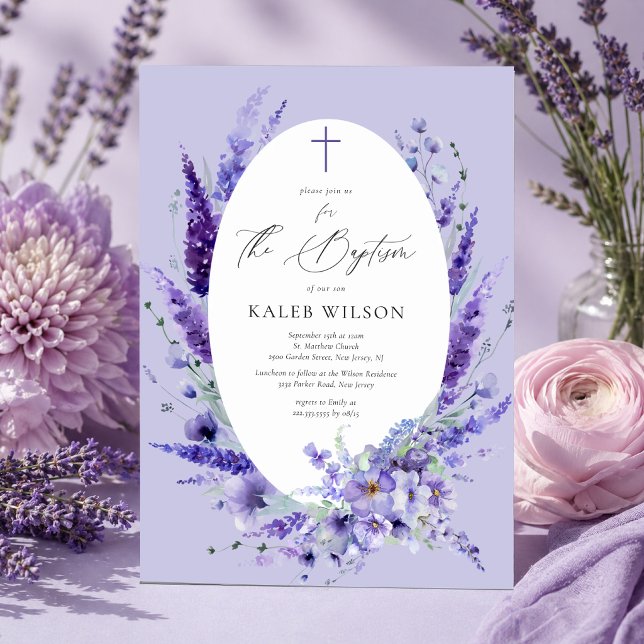 Convites Elegante Floral Lavanda Batismo (Criador carregado)