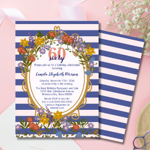 Convites Elegante Floral Listrado Azul Marinho de Aniversár