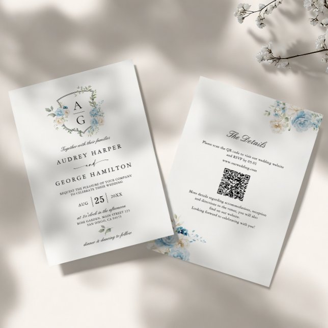 Convites Elegante Floral Monograma Crista Azul Poeirento Ca (Criador carregado)