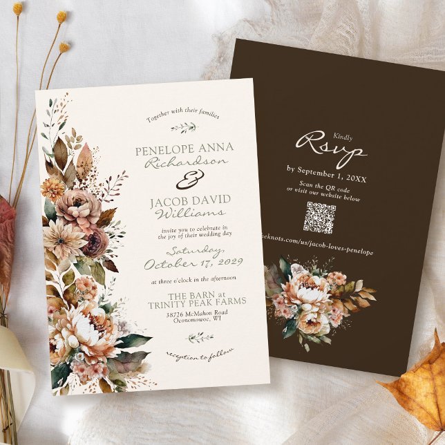 Convites Elegante Floral Outonal Escuro Marrom Boho Casamen (Mocha brown sage green ivory rustic watercolor fall floral Autumn leaves QR code wedding invitation)