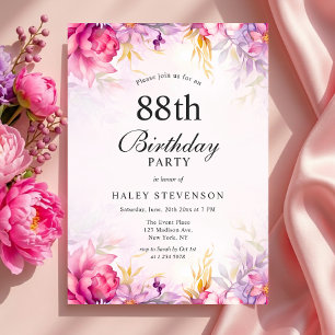 Convites Elegante Floral Pastel Aguarela Chic 88º Aniversár
