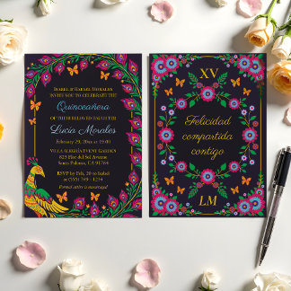 Convites Elegante Floral Peacock Folk Art Fiesta Quinceaner