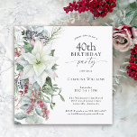 Convites Elegante Floral Poinsettia Dezembro aniversário de<br><div class="desc">Com todas as vibrações festivas da época de Natal, este design de festas de aniversário de 40 anos de festas de inverno apresenta um belo buquê em cascata de poinsettias brancas de aquarelas e elementos florais vermelhos e verdes à deriva num fundo branco limpo. Você pode editar a idade para...</div>