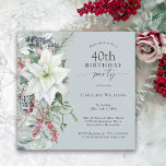 Convites Elegante Floral Poinsettia Dezembro aniversário de<br><div class="desc">Com todas as vibrações festivas da época de Natal, este design de festas de aniversário de 40 anos de festas de inverno apresenta um belo buquê em cascata de poinsetos brancos de aquarelas e elementos florais vermelhos e verdes à deriva num fundo azul empoeirado. Você pode editar a idade para...</div>