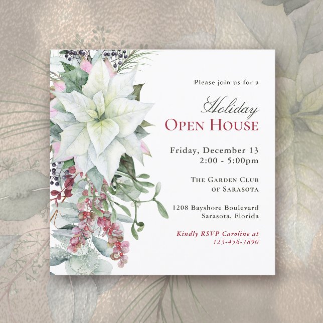 Convites Elegante Floral Poinsettia Holiday Open House (Available in both printed and instant download digital formats.)