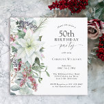 Convites Elegante Floral Poinsettia Winter 50th Birthday<br><div class="desc">Com todas as vibrações festivas da época de Natal, este feriado de inverno, chamado design de 50ª festa de aniversário, apresenta um belo buquê em cascata de poinsetos brancos de aquarela e elementos florais vermelhos e verdes em um fundo branco limpo. Você pode editar a idade para qualquer idade, se...</div>