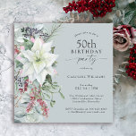 Convites Elegante Floral Poinsettia Winter 50th Birthday<br><div class="desc">Com todas as vibrações festivas da época de Natal, este feriado de inverno, chamado design de 50ª festa de aniversário, apresenta um belo buquê em cascata de poinsetos brancos de aquarela e elementos florais vermelhos e verdes em um fundo azul empoeirado. Você pode editar a idade para qualquer idade, se...</div>