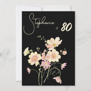 Convites Elegante Floral Preto 80º Aniversário Folha Doura