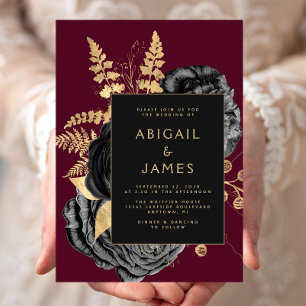 Convites Elegante Floral Preto Dourado Borgonha Casamento