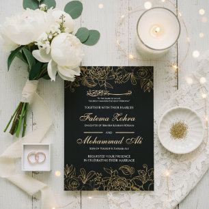 Convites Elegante Floral Preto Dourado Casamento Islâmico N