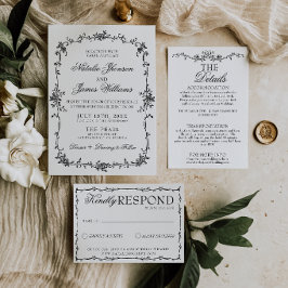 Convites Elegante Floral Preto e Branco Casamento Botânico
