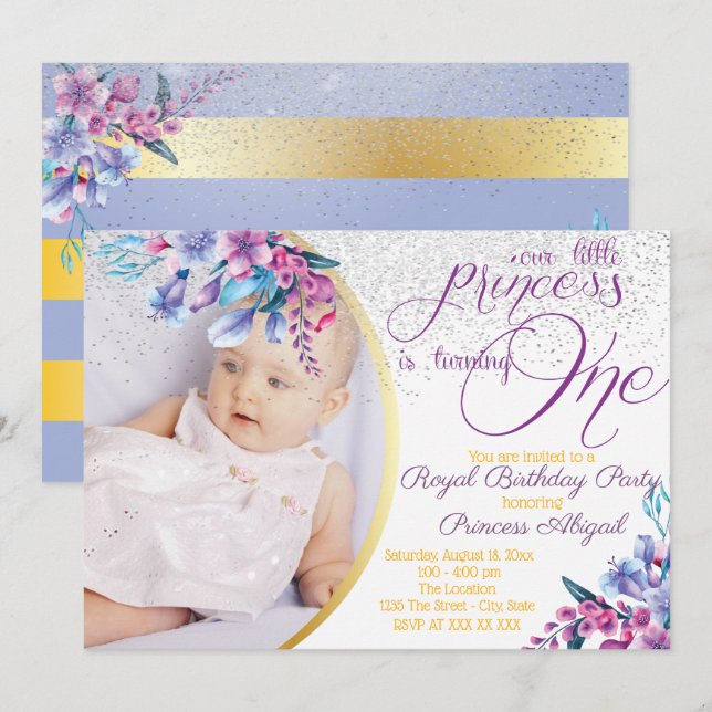 Convites Elegante Floral Princess Birthday (Frente/Verso)
