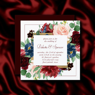 Convites Elegante Floral   Quadro Dourado Vermelho de Marsa