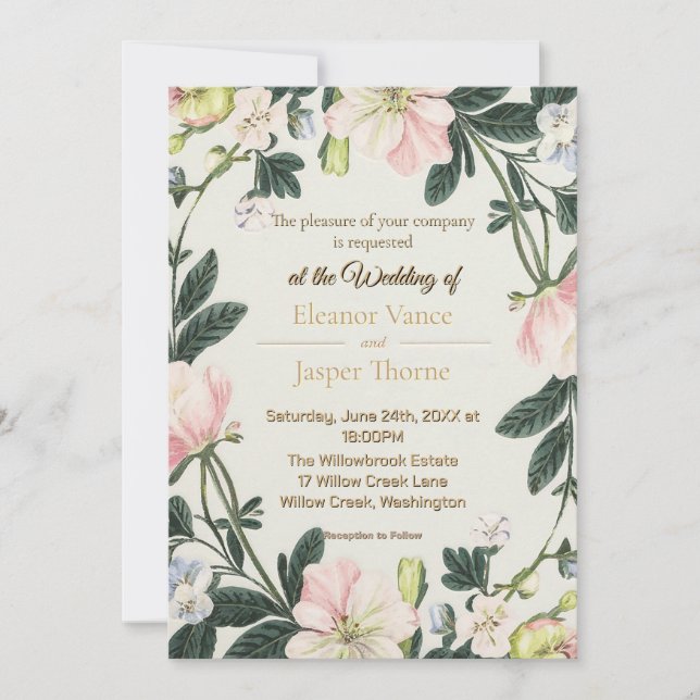 Convites Elegante Floral Romântico Design de Casamento de W (Frente)