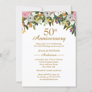 Convites Elegante Floral Rosa 50º Aniversário de Casamento