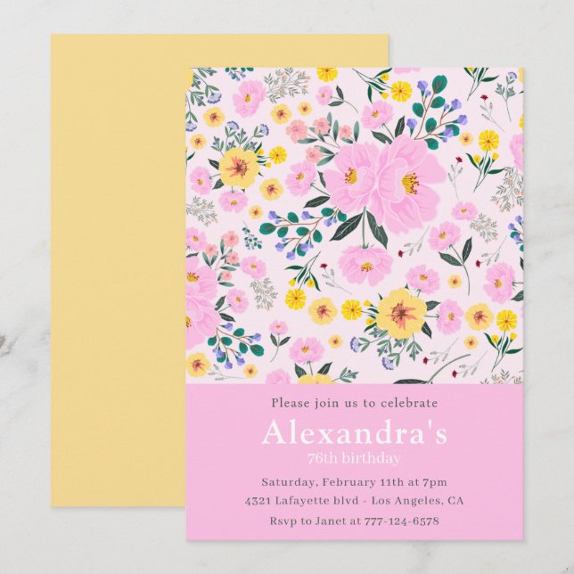 Convites Elegante Floral Rosa 76º aniversário (Frente/Verso)