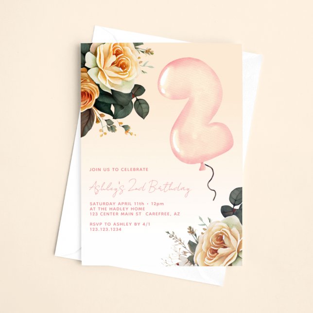 Convites Elegante Floral Rosa Aniversário de 2 anos (Criador carregado)