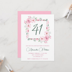 Convites Elegante Floral Rosa Aquarela Aniversário de 41 an