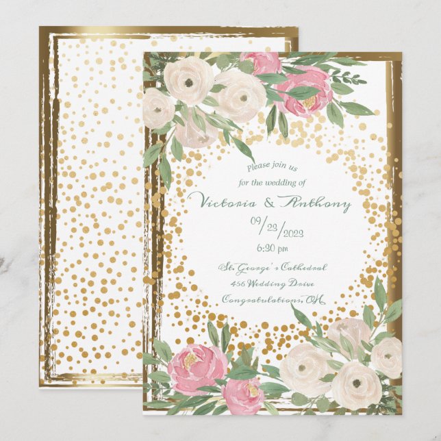 Convites Elegante Floral Rosa Branco Script Dourado Casamen (Frente/Verso)