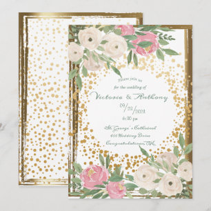 Convites Elegante Floral Rosa Branco Script Dourado Casamen