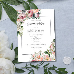 Convites Elegante Floral Rosa com Borda Prata Quinceañera