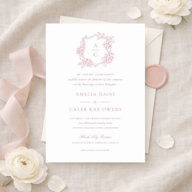 Convites Elegante Floral Rosa Crest de Hydrangea Casamento (Criador carregado)