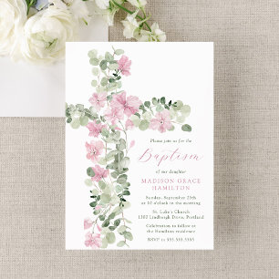 Convites Elegante Floral Rosa Cruzado Menina Batismo