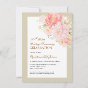 Convites Elegante Floral Rosa Dourado 50º Aniversário de Ca