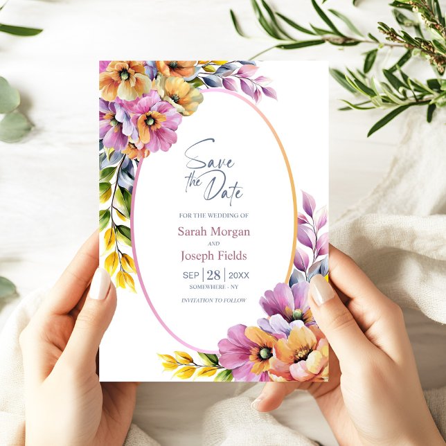 Convites Elegante Floral Rosa e Laranja Salve a Data (Criador carregado)