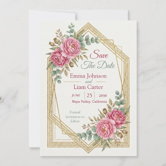 Convites Elegante Floral Rosa Save the Date (Frente)