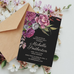 Convites Elegante Floral Roxo Aniversário de 60 Anos Femini