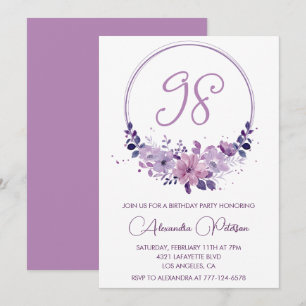 Convites Elegante Floral Roxo Aniversário de 98 anos