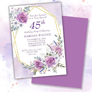 Convites Elegante Floral Roxo Aquarela para 45º Aniversário