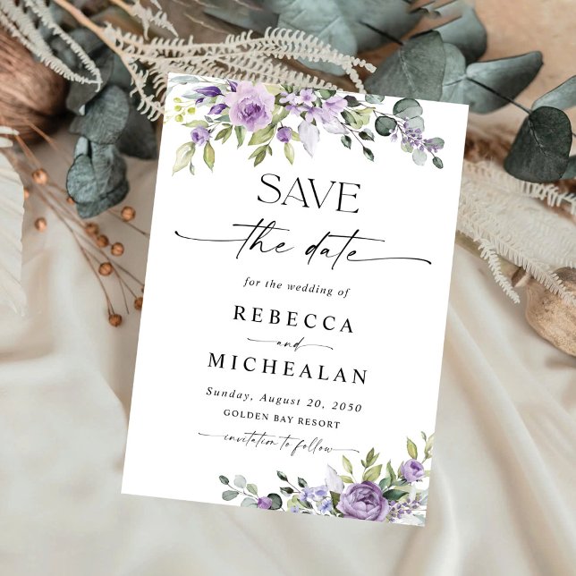 Convites Elegante Floral Roxo Casamento Salve A Data (Criador carregado)