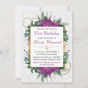 Convites Elegante Floral Roxo e Dourado para 21º Aniversári