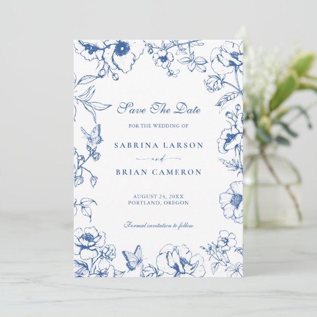 Convites Elegante Floral Royal Blue Jardim Salve a Data (Em pé/Frente)