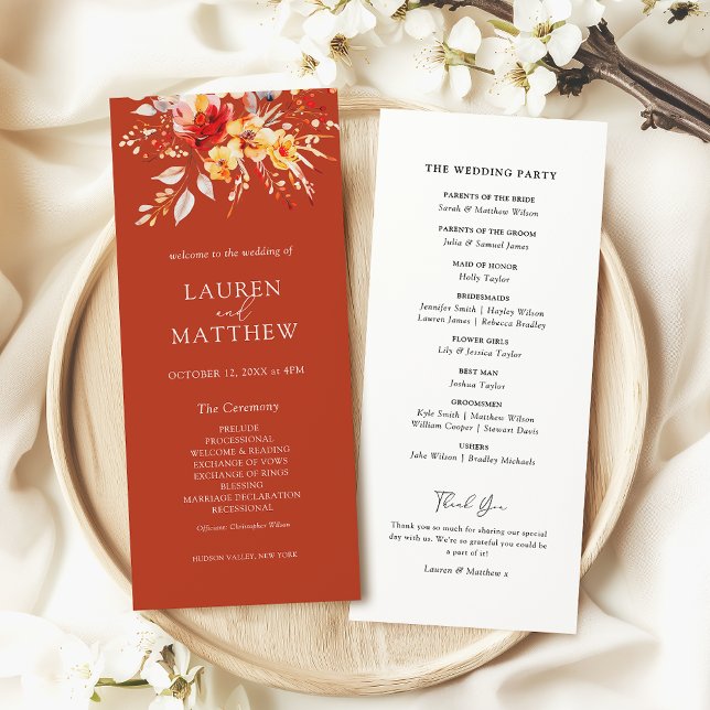 Convites Elegante Floral Rust Orange Casamento outono (Elegant boho rust orange floral fall wedding program)