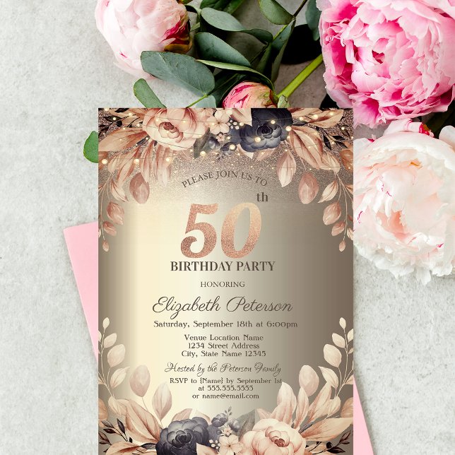 Convites Elegante Floral, String Luzes 50º Aniversário (Criador carregado)