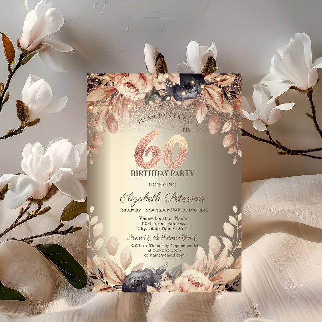 Convites Elegante Floral, String Luzes 60º Aniversário (Criador carregado)