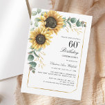 Convites Elegante Floral Sunflower 60th Festa de aniversári<br><div class="desc">Eucalyptus Sunflower Script 60th Aniversário Convite para 60º Aniversário que você pode personalizar facilmente com os detalhes de seu partido clicando no botão "Personalizar". Apresentando um brilho amarelo floral e verde suculento com uma estrutura geométrica e tipografia moderna.</div>