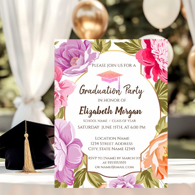 Convites Elegante Floral, Tampa de Graduação Brilhante (Criador carregado)