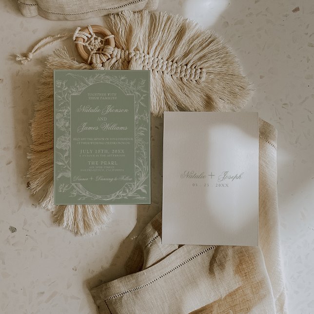 Convites Elegante Floral Verde Musgo Boho Botânico Casament (Criador carregado)