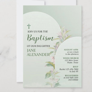 Convites Elegante Floral Verde Pastel Batismo