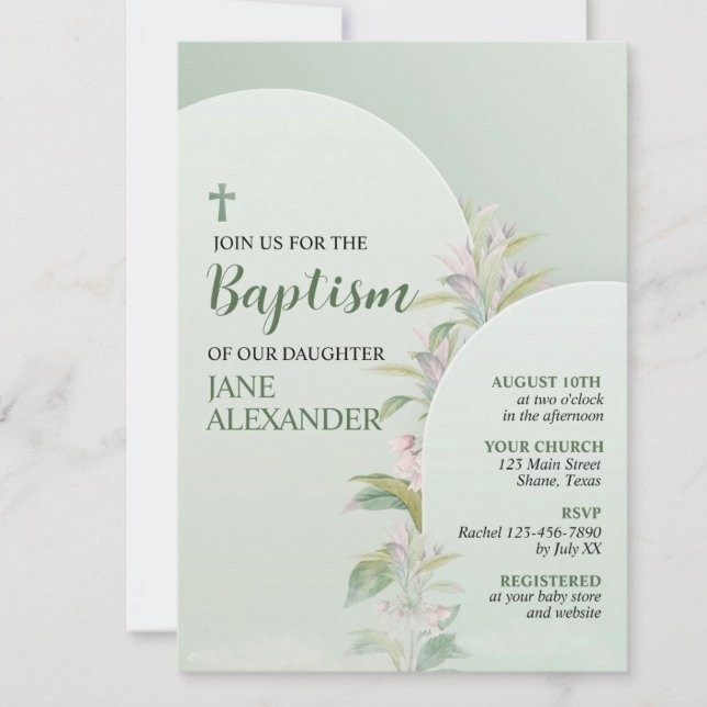 Convites Elegante Floral Verde Pastel Batismo (Criador carregado)