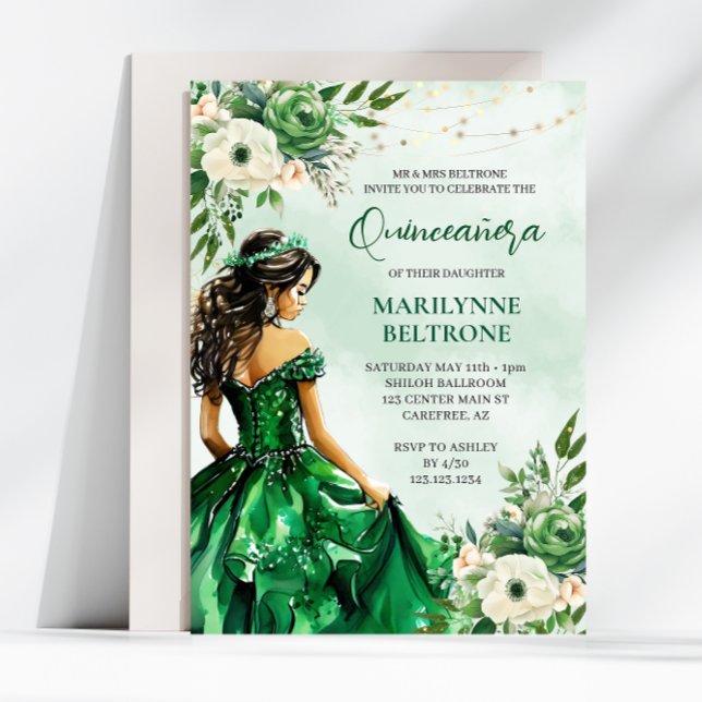 Convites Elegante Floral Verde Princesa Quinceañera (Criador carregado)
