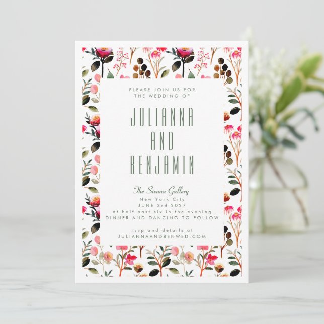 Convites Elegante Floral Verde Rosa Casamento Aquarela (Em pé/Frente)