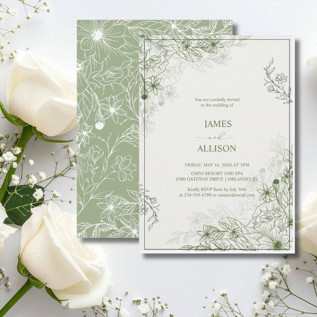 Convites Elegante Floral Verde Sábio (Criador carregado)