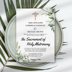 Convites Elegante Floral Verde Suave Nupcial Missa Branco