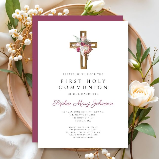 Convites Elegante Floral Vermelho Boho Cruz Primeira Comunh (Elegant Red Floral Boho Cross First Communion Invitation)