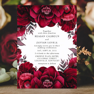 Convites Elegante Floral Vermelho Carmesim Profundo Românti
